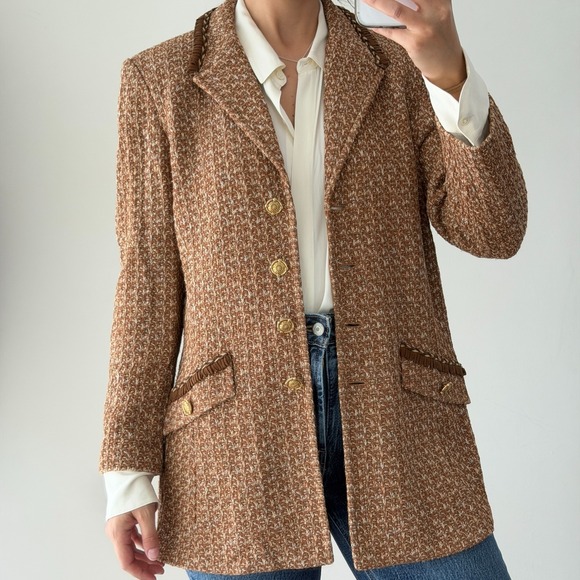 St. John Jackets & Blazers - St John Tweed Jacket 12 Brown Textured Knit Gold Button Fringe Equestrian Luxury